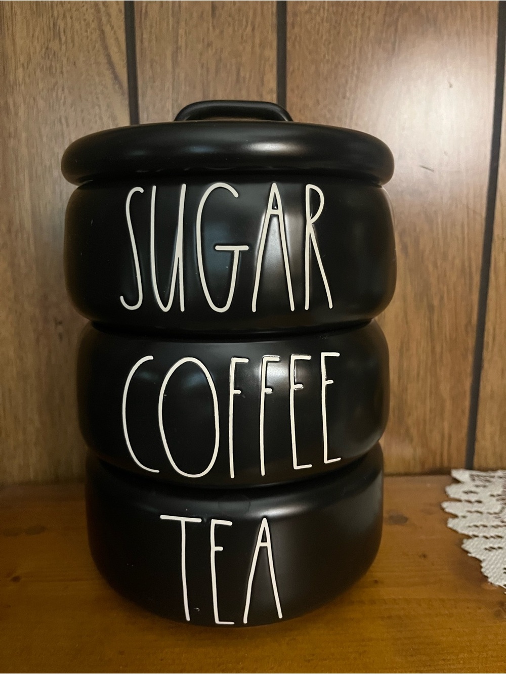 Rae Dunn Black Stackable Canister Set with White Lettering